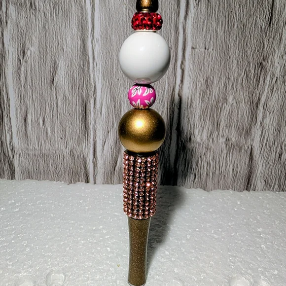 2 Beaded Pens - Gold and Pink Beaded Pen And Gray Football Themed Pen - Picture 1 of 4